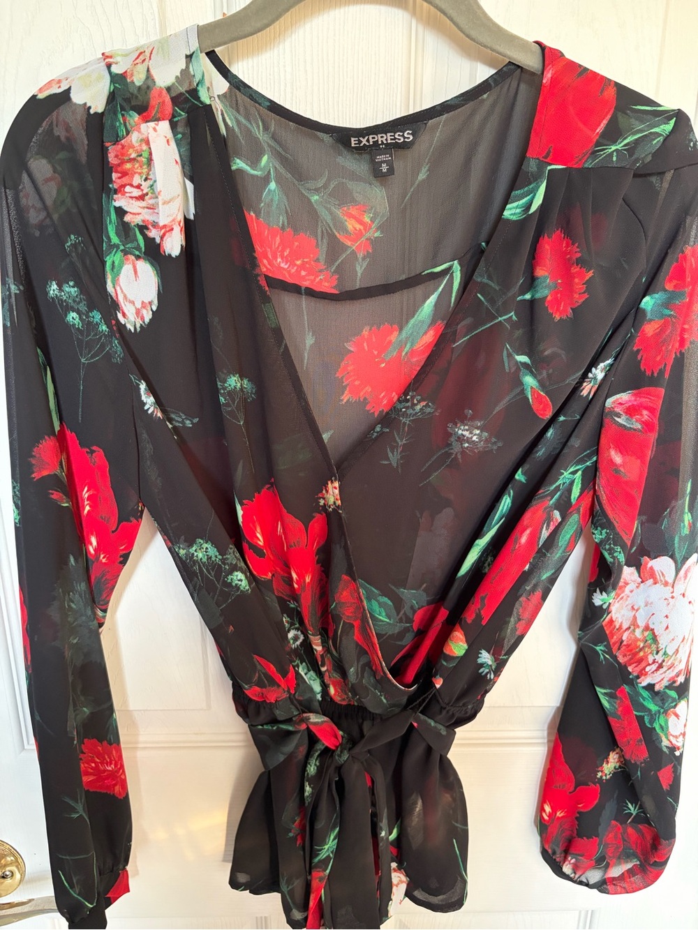 Black Floral Sheer Top with Red and Green Blooms